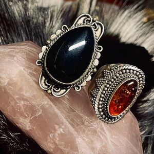 Elegant Black and Amber Silver Rings 925
